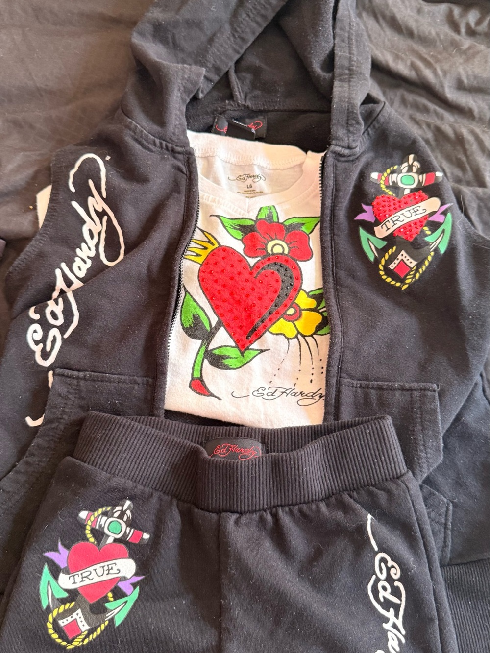 Ed Hardy Black Hoodie, Sweatpants & White Tee Set with Red Heart Graphic